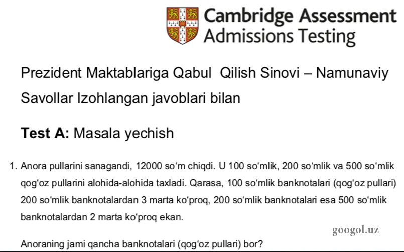 Prezident maktablari qabulidagi namunaviy testlar